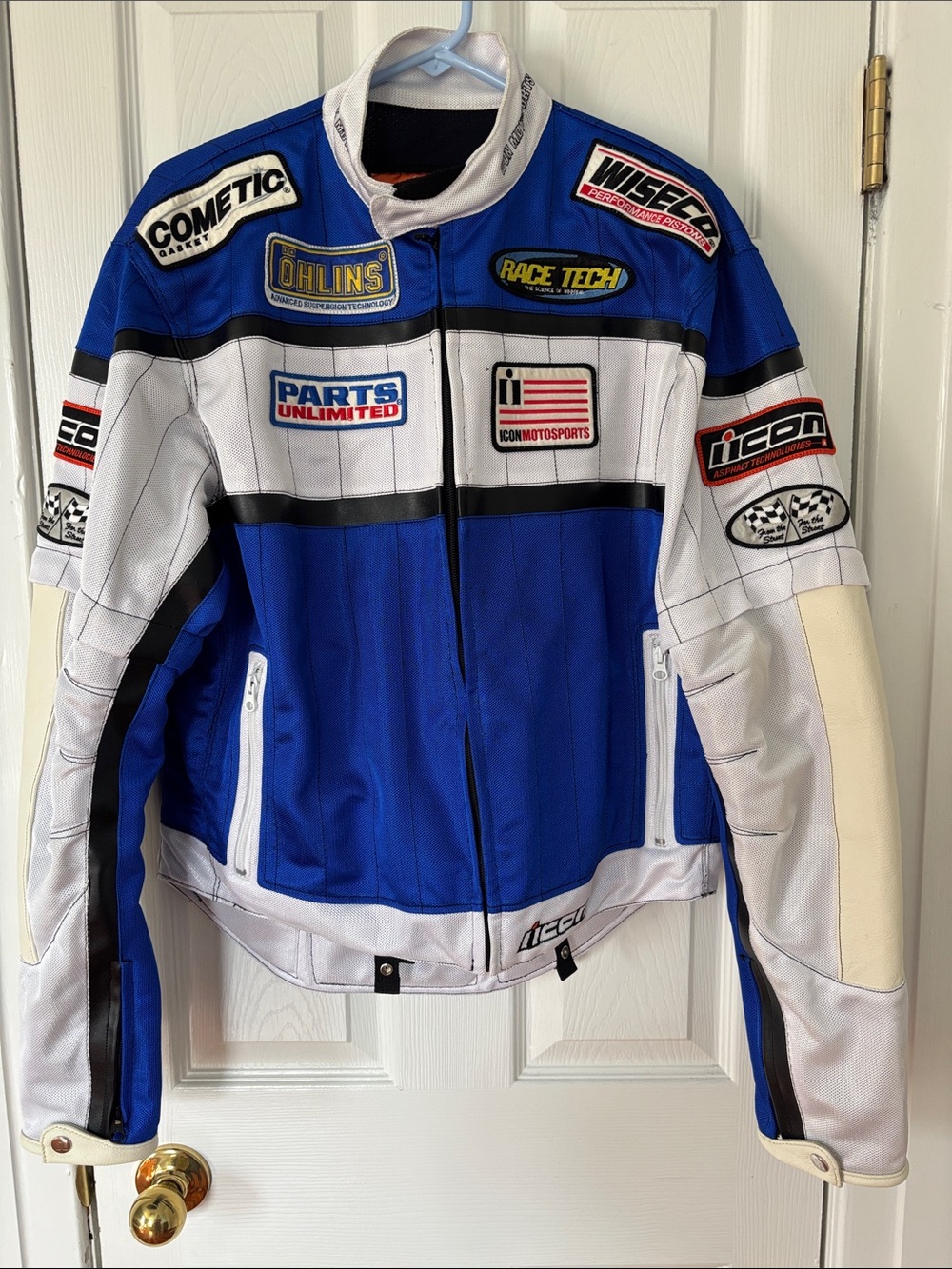 ICON Blue and White Racing-Style Motorcycle Jacket with Patch Logos